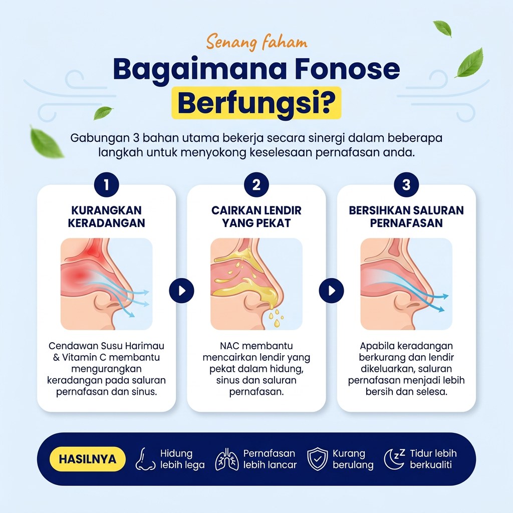 Bagaimana Fonose berfungsi: kurangkan keradangan, cairkan lendir, bersihkan saluran pernafasan