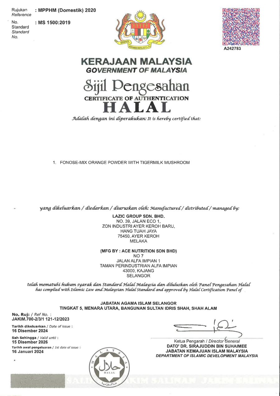 Sijil Pengesahan Halal JAKIM untuk Fonose